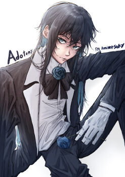 1girl absurdres ado_(utaite) black_bow black_bowtie black_coat black_hair black_pants blue_eyes blue_flower blue_hair blue_rose bow bowtie chando_(ado) closed_mouth coat collared_shirt colored_inner_hair commentary commission dress_shirt english_commentary flower gloves highres koruko_(kaoruko67000) long_hair mole mole_under_eye multicolored_hair open_clothes open_coat pants rose shirt sidelocks simple_background solo white_background white_gloves white_shirt