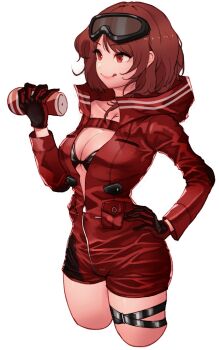 1girl breasts brown_hair cleavage closed_mouth eonsang girls'_frontline goggles goggles_on_head hand_on_own_hip highres holding hood hood_down jumpsuit long_sleeves medium_breasts pm-06_(girls'_frontline) red_eyes red_jumpsuit short_hair simple_background smile tenga thigh_strap tongue tongue_out white_background