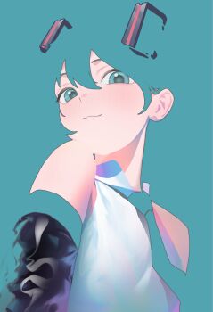 1girl :3 aqua_background aqua_eyes aqua_necktie aqua_theme black_sleeves blending blush detached_sleeves double-parted_bangs hair_between_eyes hair_ornament hatsune_miku highres light_smile looking_at_viewer necktie shirt sleeveless sleeveless_shirt solo turning_head unyoon_8986 upper_body vocaloid white_shirt