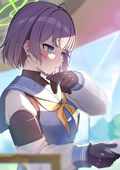 1girl absurdres armband black_armband black_gloves blue_archive blue_sailor_collar blue_shirt breasts commentary_request gloves green_eyes green_halo halo highres large_breasts medium_hair neckerchief purple_hair sailor_collar saki_(blue_archive) sarukichi shirt solo two-tone_shirt white_shirt yellow_neckerchief