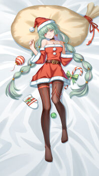 1girl absurdres bare_shoulders black_pantyhose braid breasts candy candy_cane commentary_request detached_sleeves dongyun_hua dress earrings food from_above full_body fur-trimmed_dress fur_trim grey_eyes grey_hair hand_on_own_chest hands_up hat heterochromia highres jewelry long_hair looking_at_viewer low_twin_braids lying medium_breasts multicolored_hair no_shoes on_back pantyhose parted_lips phrolova_(wuthering_waves) red_dress red_eyes red_pupils sack santa_hat smile solo streaked_hair toes twin_braids very_long_hair wuthering_waves
