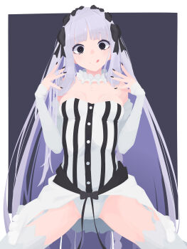 1girl :q absurdres bare_shoulders black_bow black_eyes black_nails blush border bow braid breasts collar commentary_request detached_collar detached_sleeves dress fate/strange_fake fate_(series) francesca_prelati_(fate) frilled_collar frills garter_straps grey_background grey_hair hair_bow hands_up hara_id_21 highres long_hair looking_at_viewer medium_breasts panties ringed_eyes simple_background smile solo spread_legs striped_clothes striped_dress thighhighs tongue tongue_out underwear very_long_hair white_border white_panties white_thighhighs