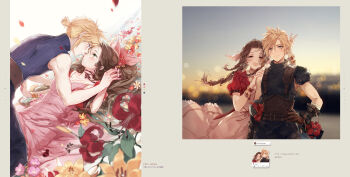 1boy 1girl absurdres aerith_gainsborough armor bag bangle belt blonde_hair blue_eyes blue_pants blue_shirt blush bow box box_of_chocolates bracelet bracer braid braided_ponytail breasts brown_belt brown_hair choker cleavage cloud_strife commentary couple dress final_fantasy final_fantasy_vii flower frilled_dress frills green_eyes hair_bow hand_on_another's_shoulder heart-shaped_box hetero highres holding_hands jacket jewelry kieta lily_(flower) long_dress looking_at_another low_ponytail medium_breasts multiple_views necklace outdoors pants parted_bangs pauldrons pink_dress pink_flower ponytail puffy_short_sleeves puffy_sleeves red_flower red_jacket red_ribbon red_rose ribbon ribbon_choker rose shirt shopping_bag short_ponytail short_sleeves shoulder_armor single_pauldron sleeveless sleeveless_turtleneck spiked_hair symbol-only_commentary turtleneck upper_body v yellow_flower