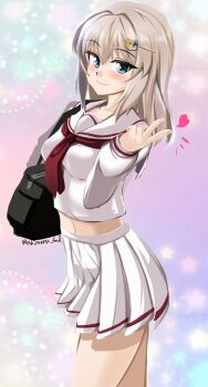 1girl abimaru_gup absurdres bag blue_eyes blush boko_(girls_und_panzer) breasts commentary_request crop_top girls_und_panzer grey_hair gyaru hair_ornament heart highres itsumi_erika large_breasts long_hair long_sleeves neckerchief pleated_skirt red_neckerchief school_bag school_uniform serafuku shirt skirt smile solo twitter_username v white_serafuku white_shirt white_skirt