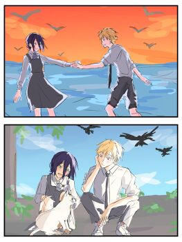 1boy 1girl bird black_dress black_necktie black_pants blonde_hair blue_hair cat chainsaw_man collared_shirt den_dendayo denji_(chainsaw_man) dress green_eyes hair_between_eyes hair_bun hand_on_own_cheek hand_on_own_face highres holding_hands necktie ocean open_mouth pants pants_rolled_up pinafore_dress reze_(chainsaw_man) shirt sketch sleeveless sleeveless_dress sleeves_rolled_up smile squatting sunset white_shirt