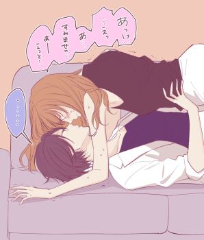 ... 2girls black_hair black_shirt blush brown_hair commentary_request couch eye_contact hand_on_another&#039;s_waist hazuki_ruri highres long_hair looking_at_another multiple_girls on_couch orange_background original parted_lips shirt short_hair skirt speech_bubble spoken_ellipsis sweat translation_request trembling white_shirt white_skirt yuri