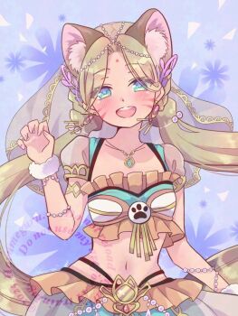 1girl animal_ears bindi blonde_hair breasts collarbone earrings green_eyes haru_meguru heaven_burns_red jewelry long_hair navel paw_pose small_breasts solo tiger_ears twintails veil vritika_balakrishnan wristband