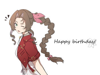 Rule 34 | 1girl, absurdres, aci (tigerpoetry), aerith gainsborough, arms behind back, braid, braided ponytail, breasts, brown hair, choker, cropped jacket, dress, final fantasy, final fantasy vii, final fantasy vii remake, flower, flower choker, gold buttons, green eyes, happy birthday, highres, jacket, lily (flower), long hair, looking at viewer, medium breasts, one eye closed, open mouth, parted bangs, pink dress, red jacket, short sleeves, sidelocks, single braid, smile, solo, upper body