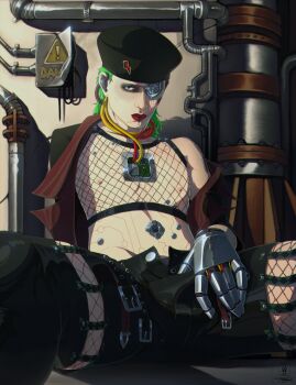 Rule 34 | anime coloring, artificial eye, belt, computer chip, cyberpunk, cyborg, fishnet thighhighs, fishnets, florian bowie (suveramort), green hair, hat, hearing aid, highres, implied erection, industrial, latex pants, loose wires, male focus, mechanical eye, multiple belts, open fly, peaked cap, prosthesis, prosthetic arm, red lips, skinny, suveramort, thighhighs, wire