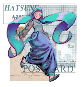 Rule 34 | 1girl, :d, absurdres, adapted costume, aqua belt, aqua eyes, aqua hair, aqua hijab, aqua necktie, aqua trim, belt, black sleeves, blue dress, blue shoes, bosnia and herzegovina, character name, collage background, collared shirt, commentary, dinelo.lola, dress, english commentary, english text, floating hair, full body, grey shirt, grin, hair ornament, halftone, hatsune miku, highres, hijab, hijab as hair, jewelry, letter, looking down, islam, necktie, open mouth, postage stamp, serbo-croatian text, shirt, shoes, slavic miku, smile, solo, vocaloid, walking, wing collar, worldwide miku