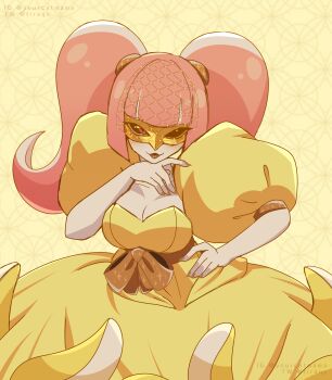 Rule 34 | 1girl, absurdres, catovyen, cthulhu mythos, dress, estir, hand on own hip, highres, long hair, looking at viewer, pink hair, puffy short sleeves, puffy sleeves, short sleeves, solo, sucker for love, sucker for love: first date, tentacles, twintails, yellow dress