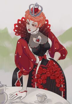 1girl alice&#039;s_adventures_in_wonderland bow breasts clothing_cutout commentary_request crown cup eyeliner flower gloves half_gloves heart heart_cutout highres jewelry large_breasts long_hair makeup necklace orange_hair pendant puffy_sleeves queen_of_hearts_(alice_in_wonderland) red_bow red_eyeliner red_flower red_lips red_rose ring rose russian_commentary short_hair solo table teacup teapot vasiliy-plumber white_gloves