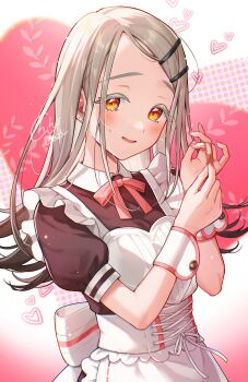 Rule 34 | 1girl, apron, bandaid, bandaid on finger, bandaid on hand, black dress, blonde hair, blush, colored eyelashes, commentary request, corset, dress, earrings, flipped hair, gakuen idolmaster, grey hair, hair ornament, hairclip, happy mille-feuille (idolmaster), heart, heart apron, highres, idolmaster, jewelry, long hair, maid, neck ribbon, orange eyes, parted lips, red ribbon, ribbon, shinishi chiho, shinosawa hiro, signature, skinny, smile, solo, stud earrings, sweatdrop, upper body, valentine, white apron, white corset, wrist cuffs