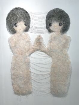 Rule 34 | 2girls, abstract, black eyes, black hair, bob cut, commentary request, cropped torso, highres, holding hands, interlocked fingers, madamidori, multiple girls, nude, original, short hair, solid eyes, thread, unconventional media, white background, yarn