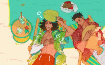2boys alternate_universe black_hair burn_scar crab fins fish_tail from_above good_end hand_fan hawaiian_shirt highres kiryu_kazuma male_focus male_swimwear multiple_boys nibbles488402 nightmare nishikiyama_akira paper_fan ryuu_ga_gotoku_(series) ryuu_ga_gotoku_3 scar shiba_inu shirt sleeping summer sunbathing swim_trunks table tail tears uchiwa yawning
