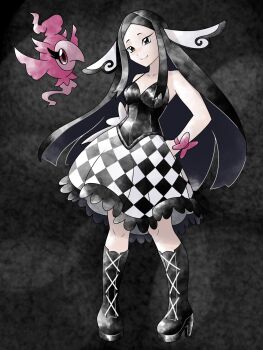 1girl black_background black_boots black_corset black_eyes black_hair boots bow checkered_clothes commentary corset english_commentary flying full_body gen_6_pokemon greatmothsucks highres long_hair looking_at_viewer nintendo official_alternate_costume pink_bow pokemon pokemon_(creature) pokemon_legends:_z-a pokemon_xy red_eyes simple_background skirt sleeveless spritzee standing valerie_(pokemon) white_skirt