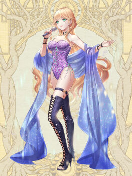 1girl black_boots blonde_hair boots breasts choker dairoku_ryouhei earrings elizabeth_knights full_body green_eyes high_heel_boots high_heels highres holding holding_microphone jewelry kansai_takeru lace-up_boots leotard long_hair microphone o-ring o-ring_choker purple_leotard smile solo thigh_boots very_long_hair yellow_background