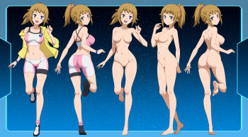 1girl ass bike_shorts blue_eyes breasts brown_hair commentary_request completely_nude feet gundam gundam_build_fighters gundam_build_fighters_try high_ponytail highres hoshino_fumina jacket kneepits large_breasts looking_at_viewer midriff multiple_views nanikairu navel no_nipples no_pussy nude on/off paid_reward_available ponytail short_hair short_sleeves soles sports_bra standing standing_on_one_leg thighs toes two-tone_sports_bra yellow_jacket