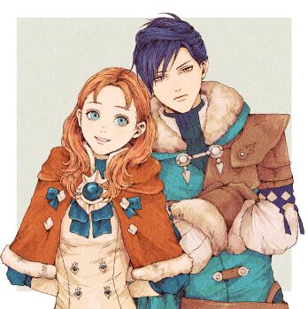 1boy 1girl annette_fantine_dominic annette_fantine_dominic_(timeskip) black_hair blue_eyes border brown_eyes brown_gloves capelet commentary_request crossed_arms dress felix_hugo_fraldarius felix_hugo_fraldarius_(timeskip) fire_emblem fire_emblem:_three_houses fur-trimmed_capelet fur_trim gloves grey_background grin height_difference highres long_hair looking_at_viewer mgmg_g_zzz nintendo orange_capelet orange_hair outside_border short_hair simple_background smile white_border white_dress