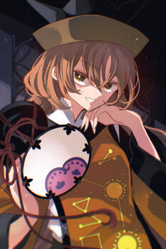 Rule 34 | 1girl, black hat, breasts, brown hair, brown hat, commentary request, constellation, constellation print, detached sleeves, drum, green skirt, hair between eyes, hand on own chin, hat, highres, holding, instrument, katsuragi atori, long hair, long sleeves, looking at viewer, matara okina, open mouth, orange sleeves, orange tabard, shirt, skirt, smile, solo, sun print, sun symbol, tabard, teeth, touhou, tsuzumi, white shirt, wide sleeves, yellow eyes