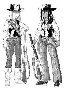 2girls ascot bandolier belt boots chaps commentary_request cowboy_boots cross_scar dark-skinned_female dark_skin facial_scar glasses greyscale gun handgun highres holding holding_gun holding_weapon holster long_hair monochrome multiple_girls nagato_mikasa original revolver rifle ringed_eyes scar scar_on_cheek scar_on_face sheriff_badge spurs translation_request vest weapon