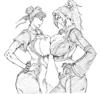 akiman_pose bad_tag black_jumpsuit breast_contest breast_press breasts cleavage confrontation crossover double_bun eye_contact face-to-face fatal_fury gloves greyscale hair_between_eyes hair_bun jewelry jumpsuit kubo_tite_(style) large_breasts long_hair long_sleeves looking_at_another midriff monochrome navel rakusakugk rivalry shiranui_mai simple_background sketch smile symmetrical_docking white_background