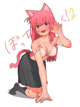 1girl absurdres animal_ears blush bocchi_the_rock! bra breasts cat_ears gotoh_hitori highres kneeling pink_hair ryouko_c skirt solo underwear