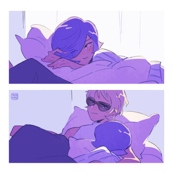 2boys artist_name aukives bad_id bad_pixiv_id bed blanket blonde_hair blue_eyes blush border char_aznable closed_mouth couple eyes_visible_through_hair garma_zabi gundam hand_in_own_hair looking_at_another lying male_focus mobile_suit_gundam_the_origin multiple_boys multiple_views on_back on_side pajamas pillow purple_eyes purple_hair shared_bed shirt short_hair sleeveless sleeveless_shirt smile sunglasses under_covers white_border white_shirt yaoi