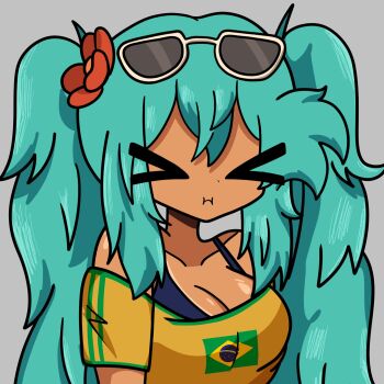 &gt;_&lt; bare_shoulders bonbon_(bonzomcbonbon) brazil brazilian_flag brazilian_flag_print brazilian_miku breasts cleavage closed_eyes closed_mouth collarbone eyewear_on_head flag_print flower from_side grey_background hair_flower hair_ornament hatsune_miku highres large_breasts long_hair pout red_flower shirt short_sleeves simple_background sunglasses sunglasses_on_head tan tanline twintails upper_body vocaloid yellow_shirt