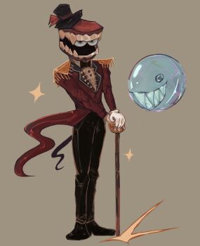 2boys black_bow black_bowtie black_pants black_shoes blue_eyes bow bowtie bubble bubble_(the_amazing_digital_circus) caine_(the_amazing_digital_circus) cane coat commentary cupidpods english_commentary epaulettes fang full_body gloves grey_background grey_eyes hat high_collar highres holding holding_cane lapels long_sleeves looking_at_viewer multiple_boys own_hands_together pants red_coat shoes shoulder_pads simple_background sparkle teeth top_hat white_gloves