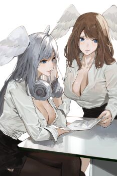 1girl alternate_costume black_skirt blue_eyes bra_visible_through_clothes breasts brown_hair cleavage curly_hair eunie_(xenoblade) formal_clothes grey_hair head_wings highres holding holding_paper j@ck large_breasts long_hair long_sleeves melia_antiqua office_lady paper pencil_skirt shirt skirt upper_body white_shirt white_wings wings xenoblade_chronicles_(series) xenoblade_chronicles_3
