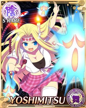 1girl :d antenna_hair arm_up beads black_shirt black_tube_top blonde_hair blue_eyes border breasts card_(medium) character_name cleavage crop_top game_cg ghost hair_intakes large_breasts long_hair maisen_university_high_school_uniform midriff official_art ofuda open_mouth parted_bangs pink_skirt plaid_clothes plaid_skirt pleated_skirt prayer_beads school_uniform senran_kagura senran_kagura_new_wave shirt short_sleeves skirt smile solo strapless thighhighs tied_shirt tube_top white_shirt white_thighhighs yoshimitsu_(senran_kagura)