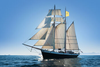 blue_sky boat commentary day english_commentary gjb870216 highres horizon mountainous_horizon no_humans ocean original outdoors photorealistic realistic sailboat scenery sky water watercraft