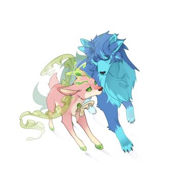 Rule 34 | animal, animal focus, animalization, ascot, blue fur, chinese commentary, closed eyes, commentary request, deer, full body, gem, green eyes, green gemstone, highres, looking at another, no humans, plants vs. zombies, plants vs. zombies 2, plants vs. zombies 2 (chinese), power lily (plants vs. zombies), rosemary (plants vs. zombies), simple background, solid circle eyes, u u, veghia, white ascot, white background, wolf