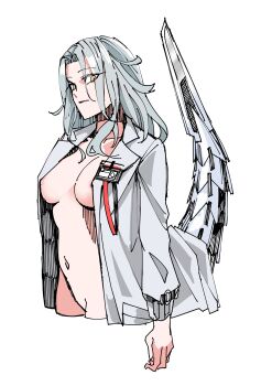 1girl absurdres breasts closed_mouth coat covered_erect_nipples girls&#039;_frontline grey_hair hidden_weapon highres lab_coat lady_gray_(girls&#039;_frontline) long_sleeves looking_at_viewer mechanical_tail medium_breasts navel nipples no_bra no_feet no_panties nude open_clothes paradeus scientist scorpion_tail simple_background solo sugac tail tail_blade white_background yellow_eyes