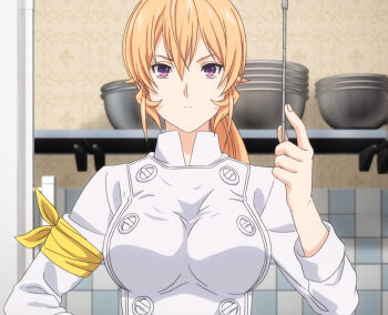 1girl anime_screenshot armband blonde_hair breasts chef closed_mouth female_focus highres holding holding_pointer indoors large_breasts long_sleeves looking_at_viewer nakiri_erina pointer purple_eyes shokugeki_no_souma solo stitched third-party_edit upper_body