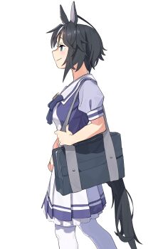 1girl absurdres ahoge animal_ears bag black_hair blue_eyes bow bowtie from_side fuji_kiseki_(umamusume) fuse_gomame highres horse_ears horse_girl horse_tail multicolored_hair pleated_skirt puffy_short_sleeves puffy_sleeves purple_bow purple_bowtie purple_shirt sailor_collar sailor_shirt school_bag school_uniform shirt short_hair short_sleeves simple_background skirt solo streaked_hair tail tracen_school_uniform umamusume white_background white_hair white_skirt white_streaks