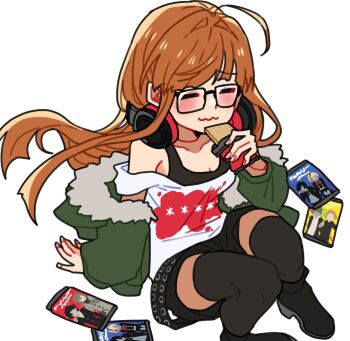 1girl ahoge aigis_(persona) akechi_gorou amamiya_ren bare_shoulders belt black-framed_eyewear black_belt black_boots black_shorts black_tank_top black_thighhighs blunt_bangs blush boots breasts cleavage closed_eyes collarbone commentary_request floating_hair food foot_out_of_frame fur-trimmed_jacket fur_trim glasses green_jacket hanamura_yousuke hand_on_ground hand_up headphones headphones_around_neck holding holding_food jacket jacket_partially_removed knees_up long_hair maitakepasuta narukami_yu off-shoulder_shirt off_shoulder orange_hair persona persona_3 persona_3_reload persona_4 persona_5 sakura_futaba shirt shorts sidelocks simple_background sitting small_breasts tank_top thighhighs wafer wavy_mouth white_background white_shirt yuuki_makoto_(persona_3)