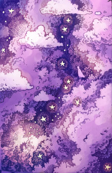 absurdres cloud cloud_focus cloudy_sky commentary cumulonimbus_cloud english_commentary fantasy glowing halo hatching_(texture) highres maria_capelle_frantz monochrome nature night on_cloud original outdoors purple_clouds purple_sky purple_theme scenery silhouette sky sky_focus solo standing star_(sky) star_(symbol) very_wide_shot