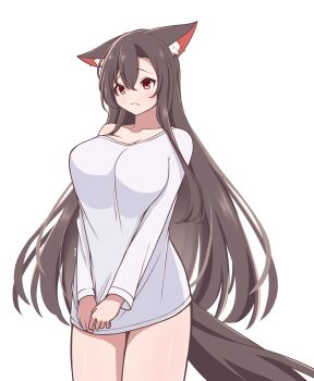 1girl alternate_costume animal_ear_fluff animal_ears bottomless breasts brown_hair closed_mouth commentary_request frown hashi2387 highres imaizumi_kagerou large_breasts long_hair naked_shirt red_eyes shirt simple_background single_off_shoulder solo tail thighs touhou very_long_hair white_background wolf_ears wolf_girl wolf_tail