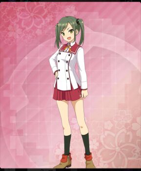 1girl :d black_socks breasts brown_shoes buttons dot_nose double-breasted floral_background game_cg green_eyes green_hair hair_ornament hand_on_own_hip long_sleeves medium_hair minoseki_academy_school_uniform nagae_futaba neck_ribbon official_art open_mouth pink_background red_sailor_collar red_skirt ribbon sailor_collar school_uniform shirt shoes sidelocks skirt small_breasts smile socks solo third-party_source toji_no_miko toji_no_miko:_kizamishi_issen_no_tomoshibi twintails white_shirt yellow_ribbon