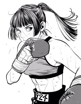 1girl boxing boxing_gloves boxing_shorts breasts commentary_request fighting_stance greyscale hatching_(texture) highres lee_(dragon_garou) light_blush linea_alba medium_breasts midriff monochrome original parted_lips ponytail shorts solo sports_bra sweat upper_body