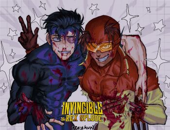 2boys amputee arm_around_shoulder artist_name black_bodysuit black_hair blood blood_on_clothes blood_on_face blue_bodysuit bodysuit broken_arm brown_hair bruise bruised_eye character_name commentary cuts english_commentary exposed_bone fingerless_gloves gloves goggles grin guro highres injury invincible_(character) invincible_(series) looking_at_viewer male_focus mark_grayson multicolored_bodysuit multiple_boys red_bodysuit rex_splode_(invincible) reykun short_hair side-by-side smile star_(symbol) superhero_costume torn_clothes upper_body w yellow_bodysuit
