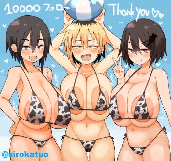 3girls animal_print areola_slip armpits arms_up ball beachball bikini black_hair blonde_hair blue_background blue_eyes blush breasts cameltoe cow_print cow_print_bikini dyed_hair earrings english_text fang gigantic_breasts gluteal_fold gyaru hair_ornament hand_on_own_hip holding_ball holding_beachball huge_breasts japanese_text jewelry large_areolae micro_bikini milestone_celebration mole mole_under_eye multiple_girls navel open_mouth original outdoors pink_eyes print_bikini redrose214 sharp_teeth short_hair sky smile standing swimsuit teeth thigh_gap tomboy twitter_username v yellow_eyes