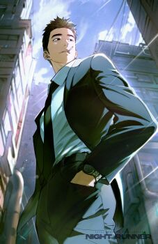 1boy absurdres black_eyes black_hair black_jacket black_necktie black_pants cigarette collared_shirt commentary from_below hand_in_pocket highres industrial_pipe jacket long_sleeves male_focus necktie original outdoors pants shirt short_hair smoking solarsistim solo watch white_shirt wristwatch