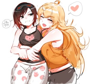 2girls ahoge anger_vein bean1215 black_hair blonde_hair blush breasts can't_choose_your_own_family cleavage closed_eyes cowboy_shot eyes_visible_through_hair grey_eyes hair_between_eyes heart highres hug long_hair multiple_girls ndgd pajamas red_hair ruby_rose rwby short_hair siblings simple_background sisters sleep_mask sleepwear speech_bubble spoken_anger_vein spoken_heart standing tank_top white_background yang_xiao_long
