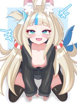 +++ 1girl :3 absurdres animal_ear_fluff animal_ears areola_slip black_jacket black_thighhighs blonde_hair blue_eyes blue_hair breasts cat_ears collarbone fang fins fish_girl fish_tail highres indie_virtual_youtuber jacket lifebuoy_hair_ornament long_hair long_sleeves looking_at_viewer low_twintails multicolored_hair open_mouth rei_(2812q) sameko_saba sitting skin_fang small_breasts solo streaked_hair tail thighhighs twintails two-tone_hair very_long_hair wariza