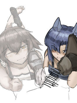 2girls absurdres animal_ears arknights barefoot blue_hair blush brown_hair cum fang_(arknights) feet grin highres long_hair looking_at_viewer lying medium_hair multiple_girls on_stomach one_eye_closed operatorut plume_(arknights) shoejob shoes smile socks soles toes unworn_shoes unworn_socks yellow_eyes