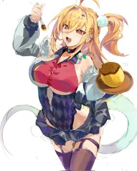 1girl ahoge arm_up bare_shoulders black_skirt blonde_hair breasts brown_thighhighs chalky_(zenless_zone_zero) cissia_(zenless_zone_zero) commentary cowboy_shot detached_sleeves food hair_between_eyes hair_ornament hairclip highres holding holding_spoon large_breasts long_hair miniskirt motion_lines open_mouth pom_pom_(clothes) pom_pom_hair_ornament pudding red_eyes simple_background skirt snake snake_girl snake_tail spoon tail thighhighs underboob untranslatable_commentary white_background white_snake yeye_404122 zenless_zone_zero