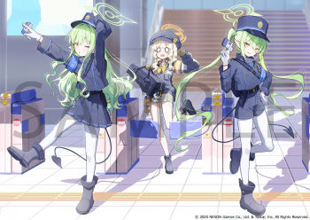 3girls aoba_(blue_archive) arm_up bag blank_eyes blonde_hair blue_archive blue_bag blue_boots blue_hat blue_jacket blue_shorts blue_skirt boots bow brown_gloves closed_eyes demon_girl demon_tail gloves green_hair green_halo grey_skirt hair_between_eyes halo hand_on_own_hip hat hikari_(blue_archive) holding holding_bag jacket long_hair multiple_girls ningen_mame nozomi_(blue_archive) one_eye_closed open_mouth orange_halo pantyhose pleated_skirt pointy_ears shorts sidelocks skirt tail tears twintails v white_gloves white_pantyhose yellow_bow yellow_eyes